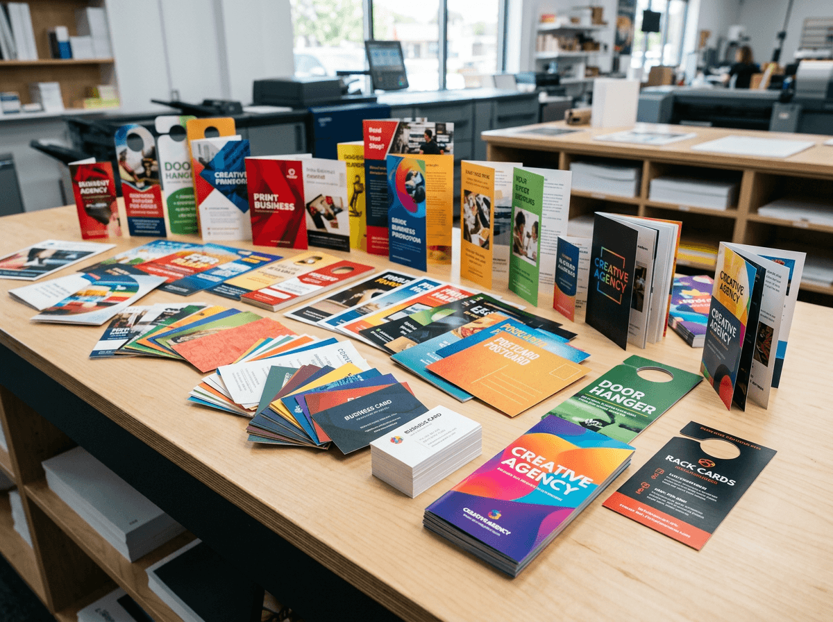Colorful assortment of premium printed products including business cards, postcards, flyers, and brochures